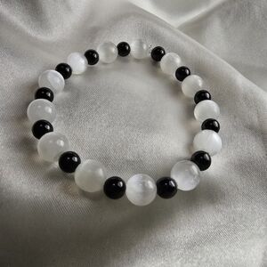 Selenite & Black Tourmaline Crystal Bracelet | Energy Cleansing & Shield